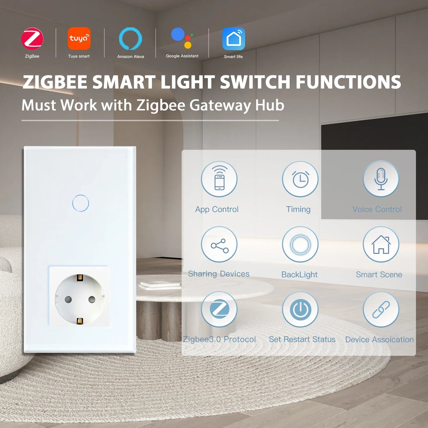 BSEED Zigbee Touch Wall Switch 1/2/3 Gang | Tuya Smart Life, Alexa Control, EU Socket, USB Type-C, No Neutral Version