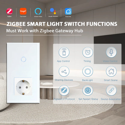 BSEED Zigbee Touch Wall Switch 1/2/3 Gang | Tuya Smart Life, Alexa Control, EU Socket, USB Type-C, No Neutral Version