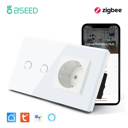 BSEED Zigbee Touch Wall Switch 1/2/3 Gang | Tuya Smart Life, Alexa Control, EU Socket, USB Type-C, No Neutral Version