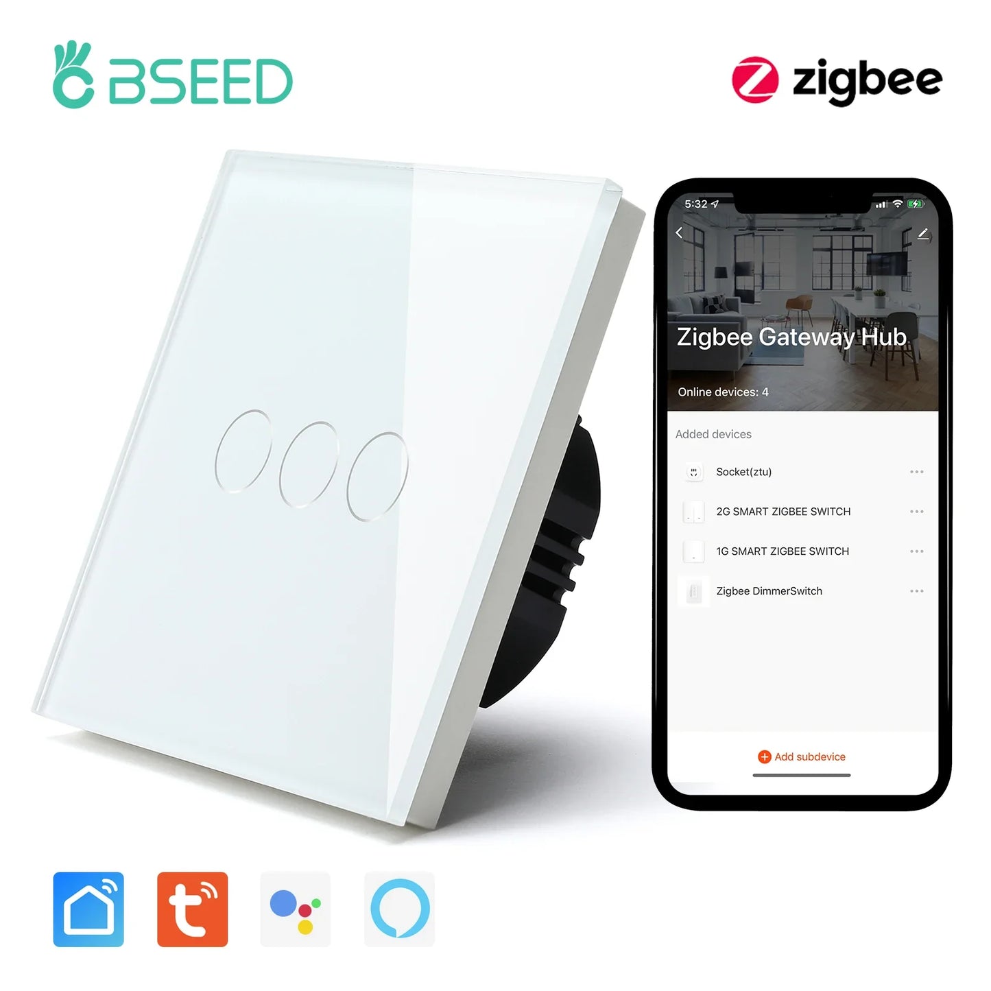 BSEED Zigbee Touch Wall Switch 1/2/3 Gang | Tuya Smart Life, Alexa Control, EU Socket, USB Type-C, No Neutral Version