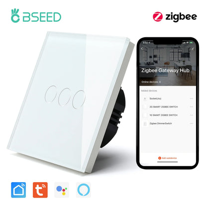 BSEED Zigbee Touch Wall Switch 1/2/3 Gang | Tuya Smart Life, Alexa Control, EU Socket, USB Type-C, No Neutral Version
