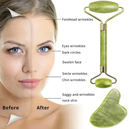 Natural Stone Gua Sha & Jade Roller Set | Facial and Body Massage Tool for Spa, Relaxation & Skincare