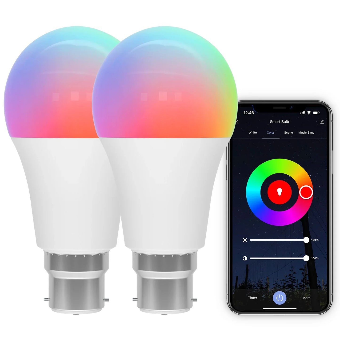 2-Pack Smart Light Bulb B22 9W | RGB+C White | Wi-Fi & Bluetooth | Works with Alexa, Google Home & Echo | 220V