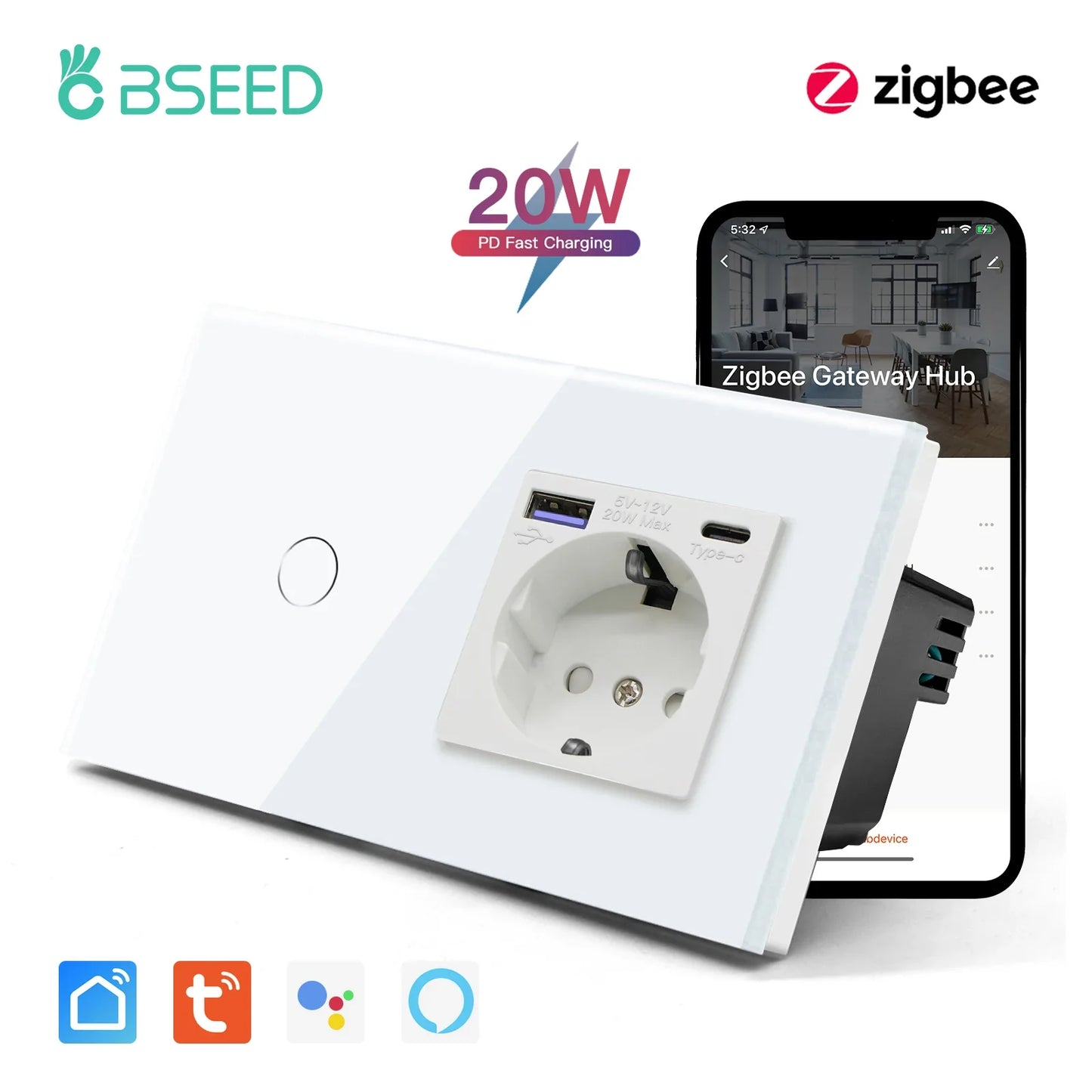 BSEED Zigbee Touch Wall Switch 1/2/3 Gang | Tuya Smart Life, Alexa Control, EU Socket, USB Type-C, No Neutral Version