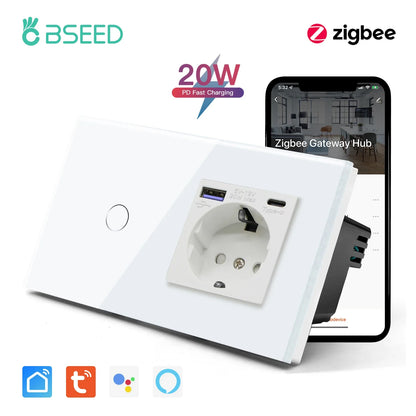 BSEED Zigbee Touch Wall Switch 1/2/3 Gang | Tuya Smart Life, Alexa Control, EU Socket, USB Type-C, No Neutral Version