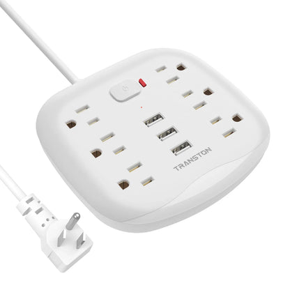US Power Strip Surge Protector | 6 Outlets, 3 USB, Switch Control, Flat Plug, Fireproof, Heavy Duty, Compact Extension Cord