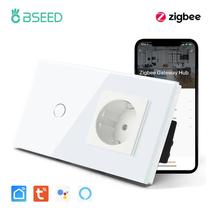 BSEED Zigbee Touch Wall Switch 1/2/3 Gang | Tuya Smart Life, Alexa Control, EU Socket, USB Type-C, No Neutral Version