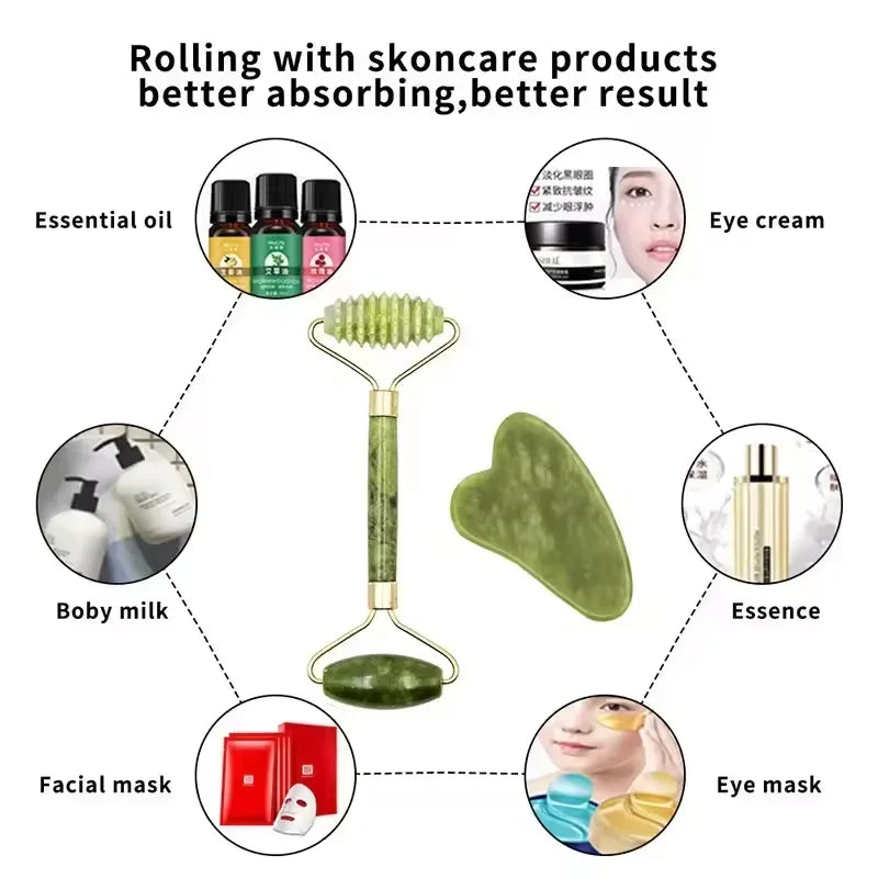 Natural Stone Gua Sha & Jade Roller Set | Facial and Body Massage Tool for Spa, Relaxation & Skincare