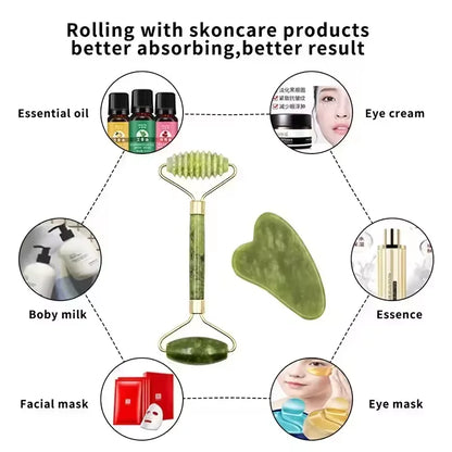 Natural Stone Gua Sha & Jade Roller Set | Facial and Body Massage Tool for Spa, Relaxation & Skincare