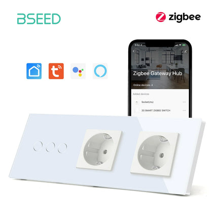 BSEED Zigbee Touch Wall Switch 1/2/3 Gang | Tuya Smart Life, Alexa Control, EU Socket, USB Type-C, No Neutral Version