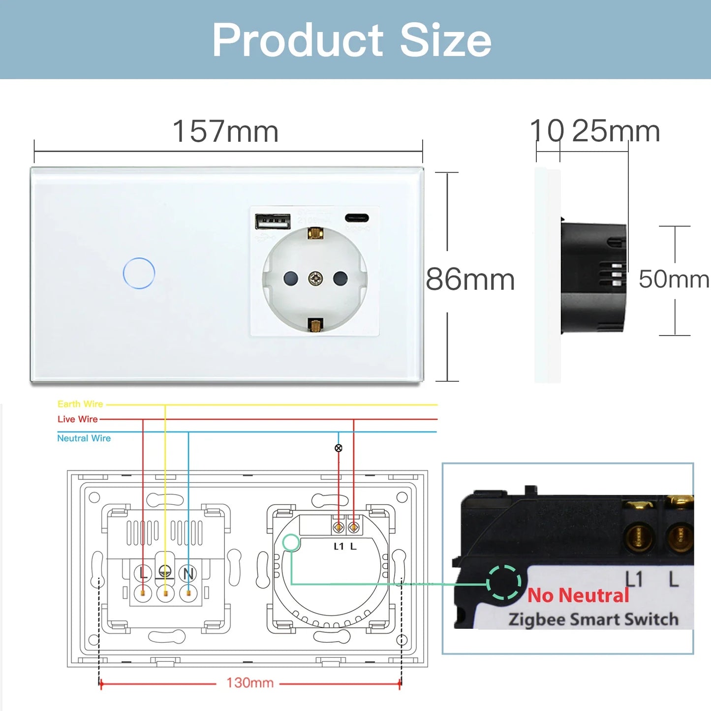BSEED Zigbee Touch Wall Switch 1/2/3 Gang | Tuya Smart Life, Alexa Control, EU Socket, USB Type-C, No Neutral Version