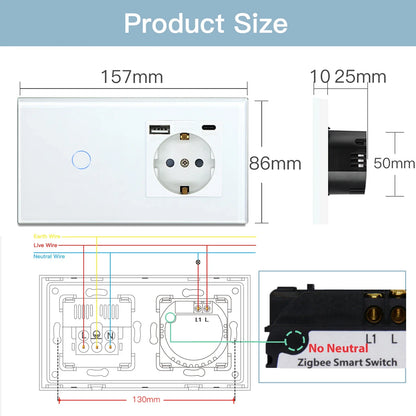 BSEED Zigbee Touch Wall Switch 1/2/3 Gang | Tuya Smart Life, Alexa Control, EU Socket, USB Type-C, No Neutral Version