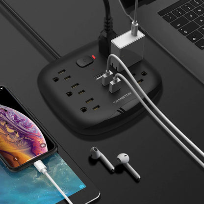US Power Strip Surge Protector | 6 Outlets, 3 USB, Switch Control, Flat Plug, Fireproof, Heavy Duty, Compact Extension Cord