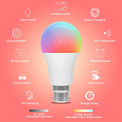 2-Pack Smart Light Bulb B22 9W | RGB+C White | Wi-Fi & Bluetooth | Works with Alexa, Google Home & Echo | 220V