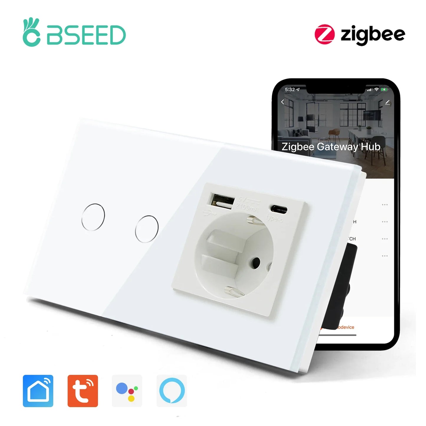 BSEED Zigbee Touch Wall Switch 1/2/3 Gang | Tuya Smart Life, Alexa Control, EU Socket, USB Type-C, No Neutral Version