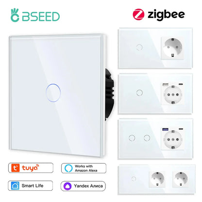 BSEED Zigbee Touch Wall Switch 1/2/3 Gang | Tuya Smart Life, Alexa Control, EU Socket, USB Type-C, No Neutral Version