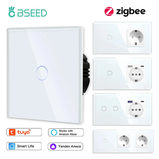 BSEED Zigbee Touch Wall Switch 1/2/3 Gang | Tuya Smart Life, Alexa Control, EU Socket, USB Type-C, No Neutral Version
