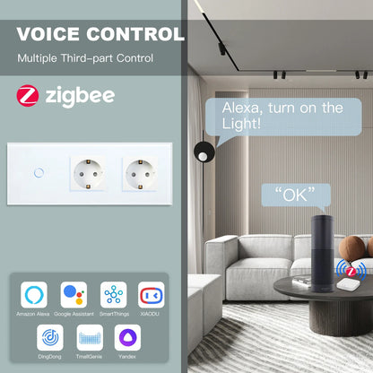 BSEED Zigbee Touch Wall Switch 1/2/3 Gang | Tuya Smart Life, Alexa Control, EU Socket, USB Type-C, No Neutral Version