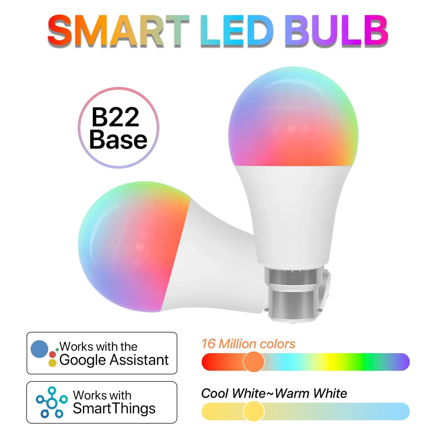 2-Pack Smart Light Bulb B22 9W | RGB+C White | Wi-Fi & Bluetooth | Works with Alexa, Google Home & Echo | 220V
