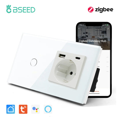 BSEED Zigbee Touch Wall Switch 1/2/3 Gang | Tuya Smart Life, Alexa Control, EU Socket, USB Type-C, No Neutral Version