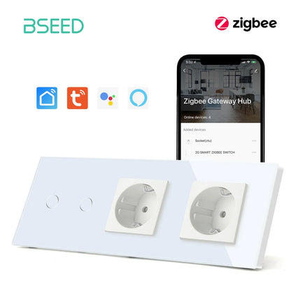 BSEED Zigbee Touch Wall Switch 1/2/3 Gang | Tuya Smart Life, Alexa Control, EU Socket, USB Type-C, No Neutral Version