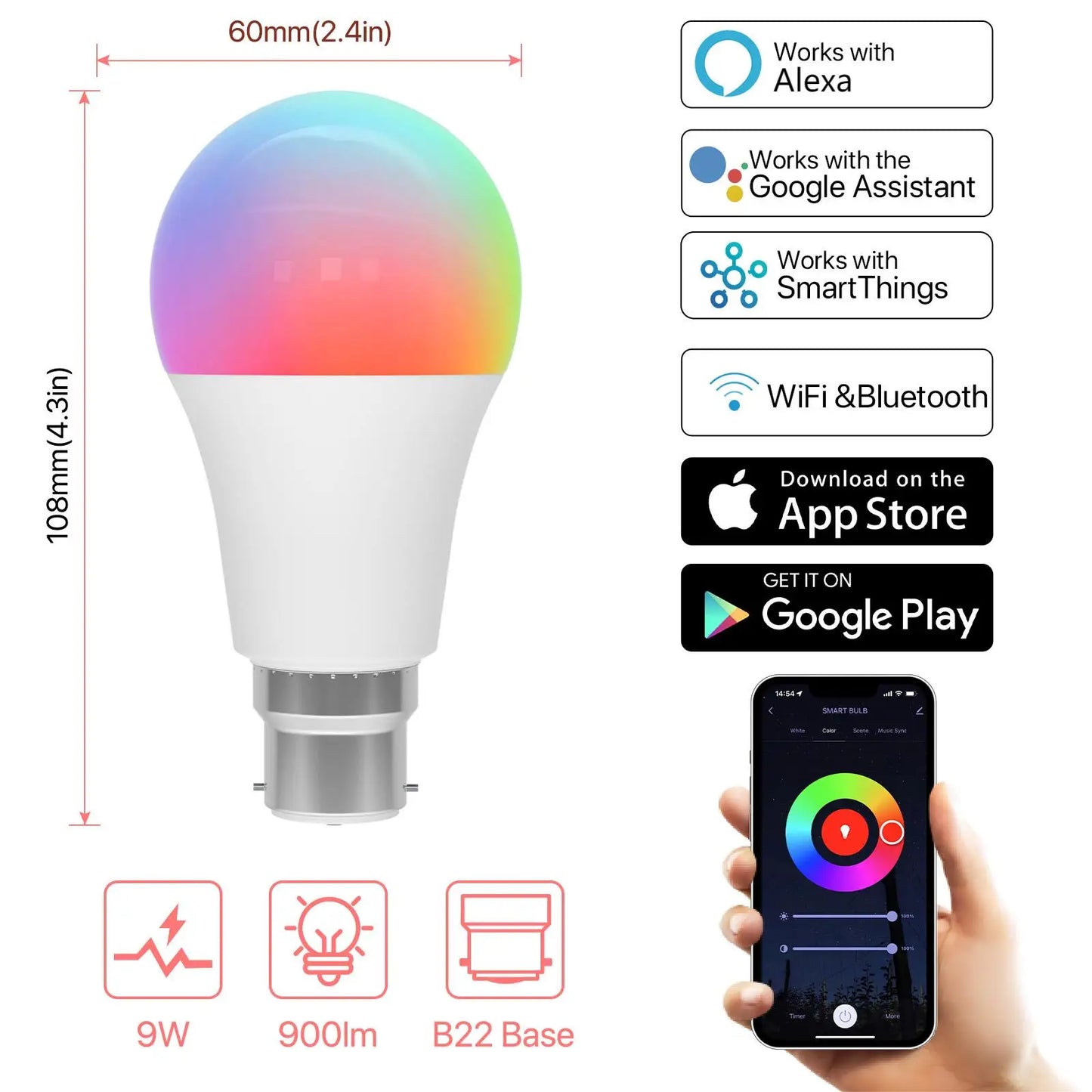 2-Pack Smart Light Bulb B22 9W | RGB+C White | Wi-Fi & Bluetooth | Works with Alexa, Google Home & Echo | 220V